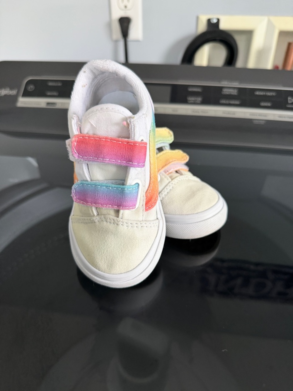 Vans Kids White Canvas Sneakers with Rainbow Velcro Straps